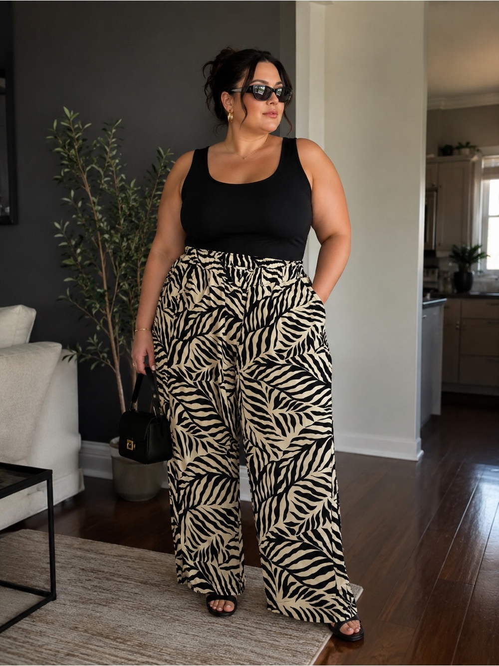Plus-Size Wide-Leg Zebra Print Pants with Black Tank